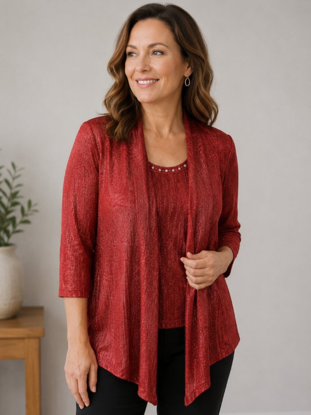 Ruby Rd. Favorites Petite Women's Red Shimmer 2-Piece Cardigan Tank Set